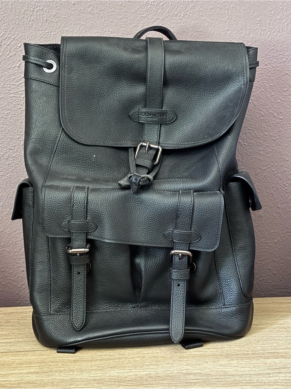Coach Men's Black Leather Backpack with Magnet Buckle Flap